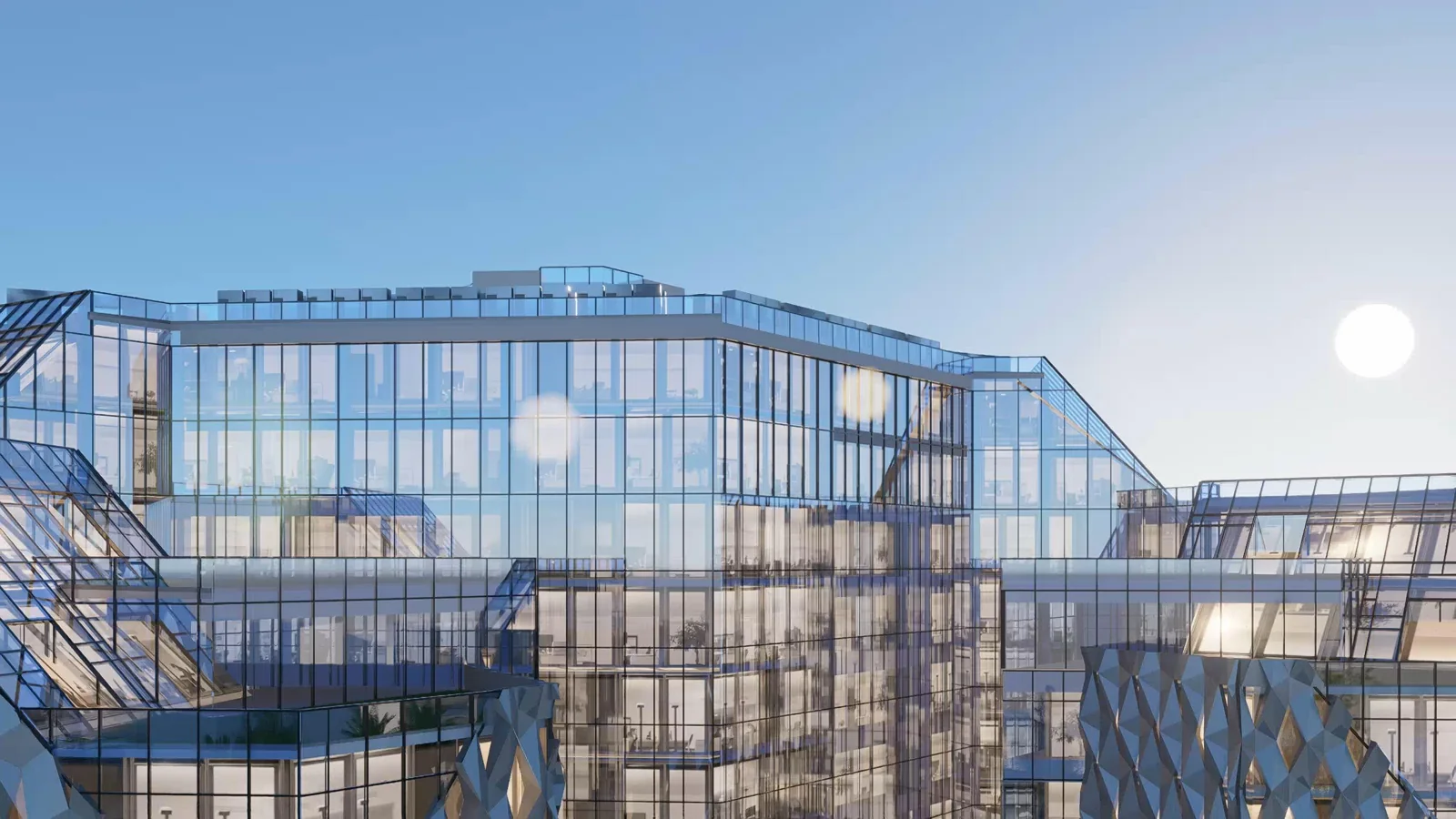 Angular glass façades and exposed structural geometry in an architectural rendering from Nudhum Al-Benaa’s website