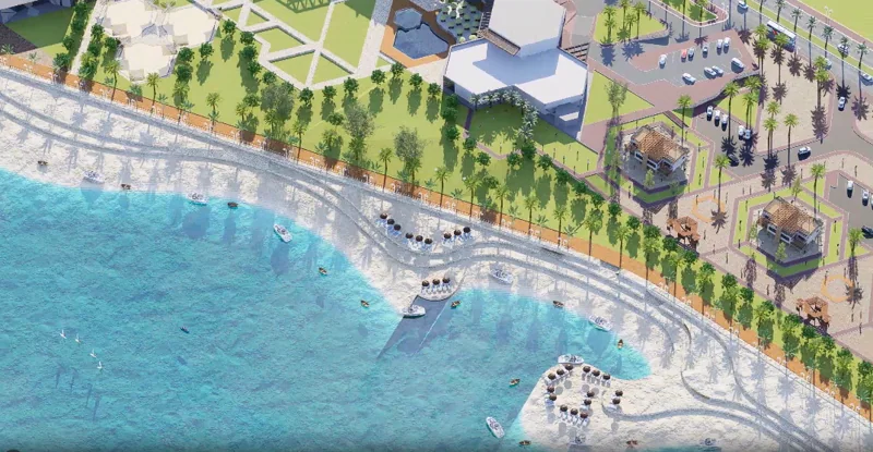 Aerial architectural visualization of a waterfront master plan with public spaces and landscaped paths